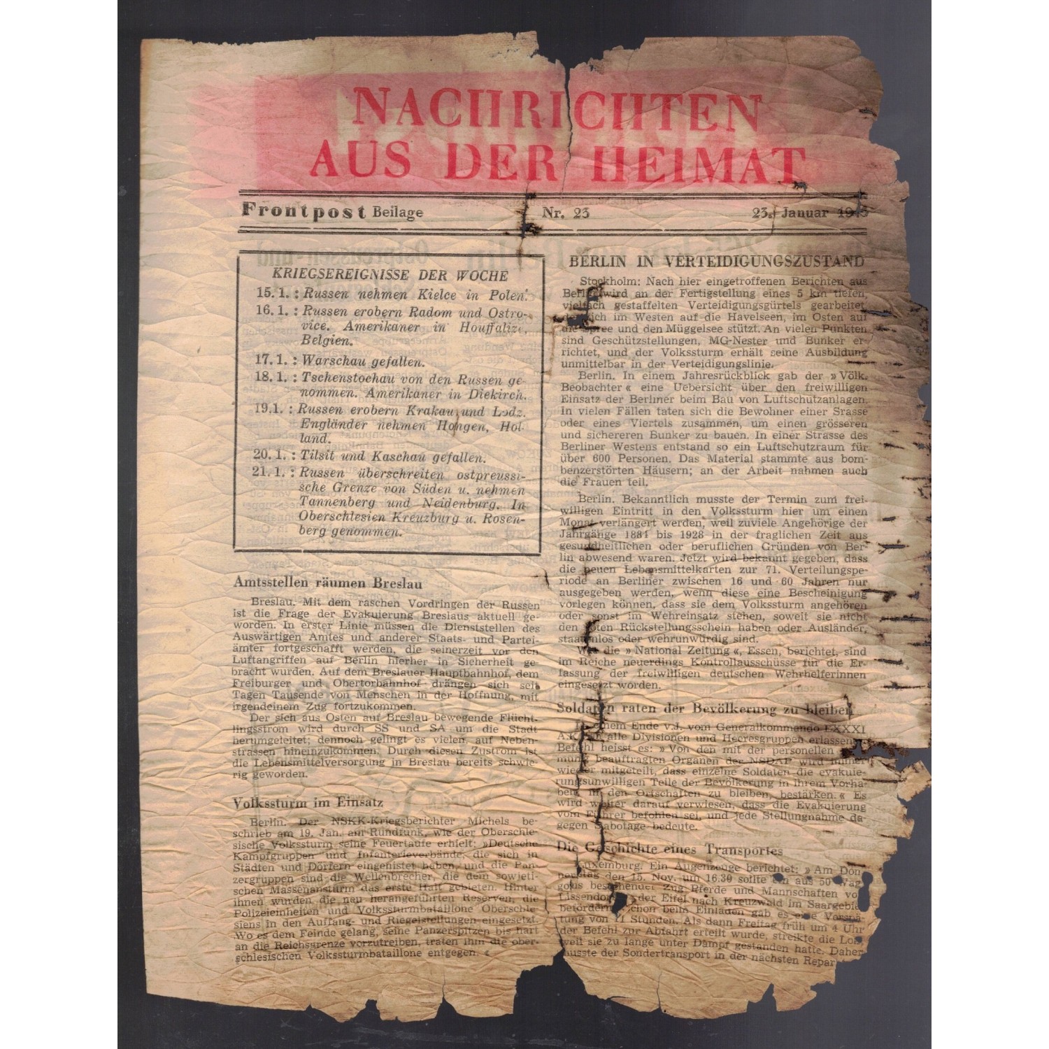 Aerial propaganda leaflet "Nachtrichten Aus dei Heimat" (Nights from the Homeland), January 23, 1945.