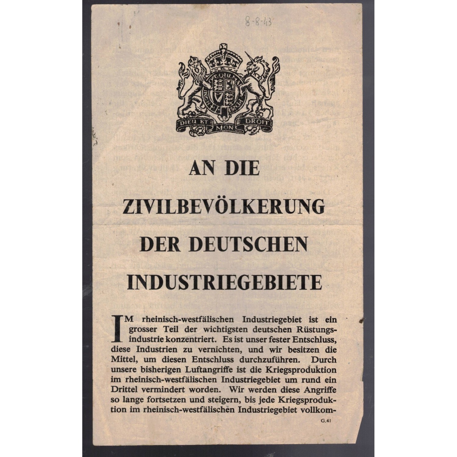British World War II propaganda leaflet, code G.41, distributed in July–August 1943