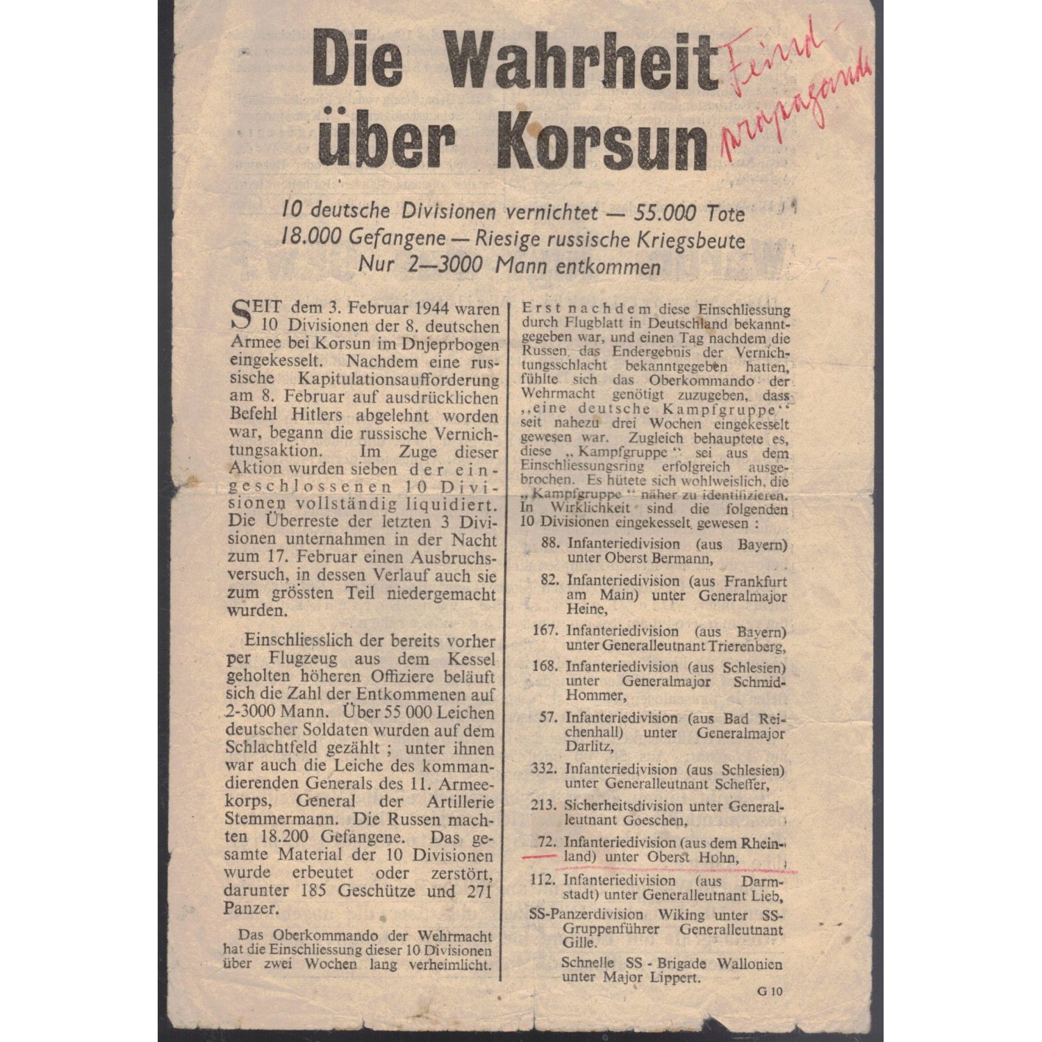 Volantino di propaganda alleata della Seconda Guerra Mondiale, catalogato come "G 10", che descrive la battaglia di Korsun