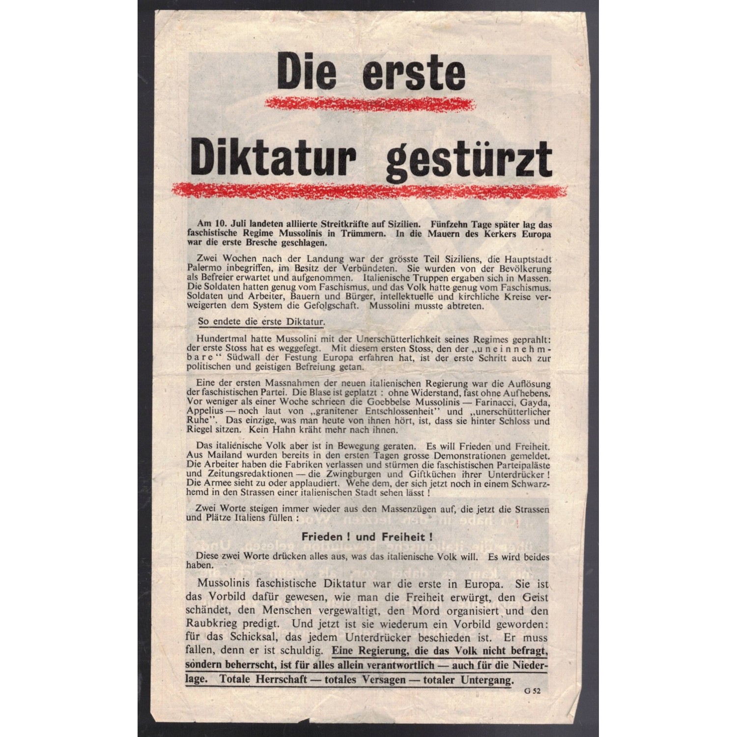 Questo documento è un volantino di propaganda alleato della Seconda Guerra Mondiale intitolato "Die erste Diktatur gestürzt"