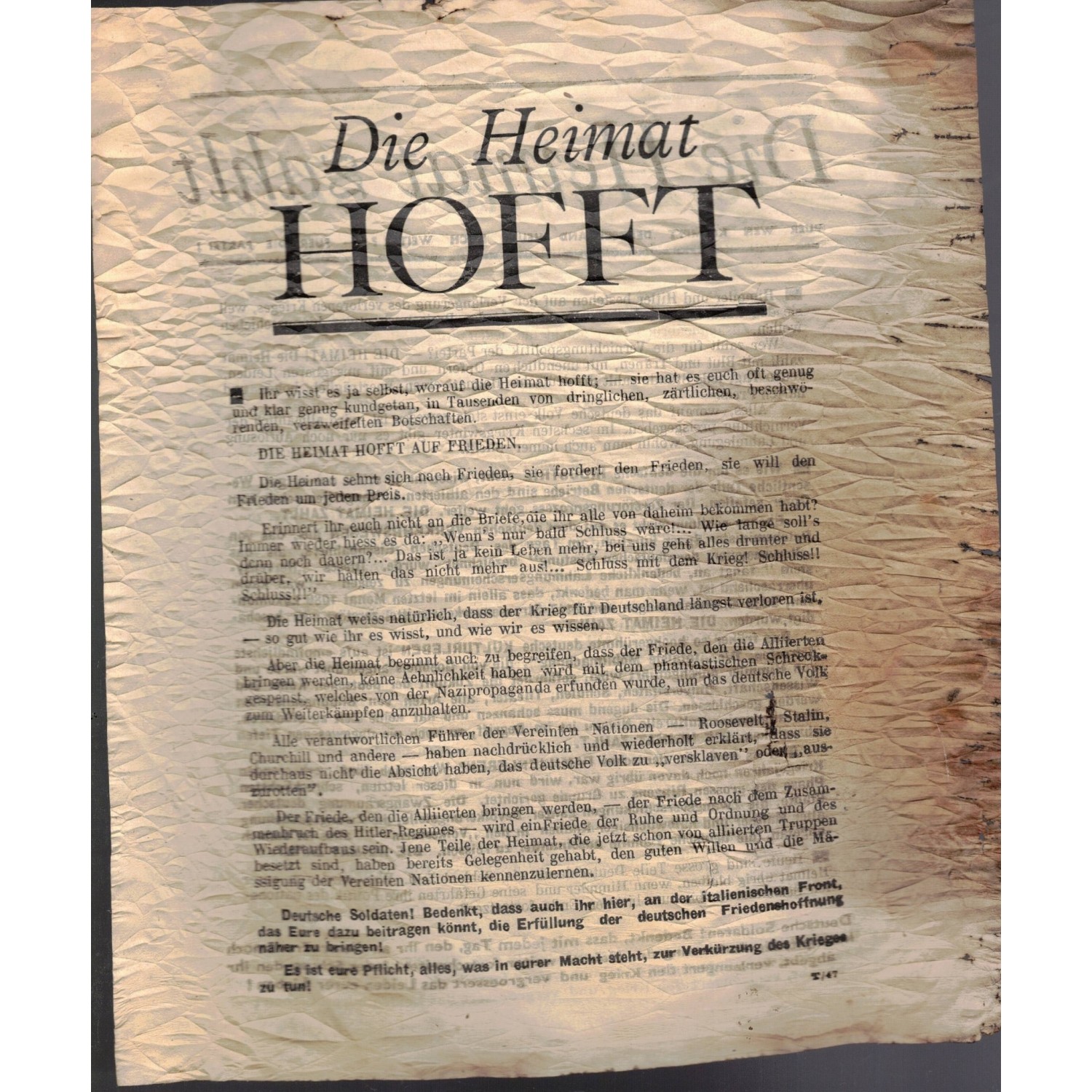 Dies ist ein Propagandaflugblatt aus dem Zweiten Weltkrieg, vermutlich ein Fundstück aus der Nähe der Gotenlinie