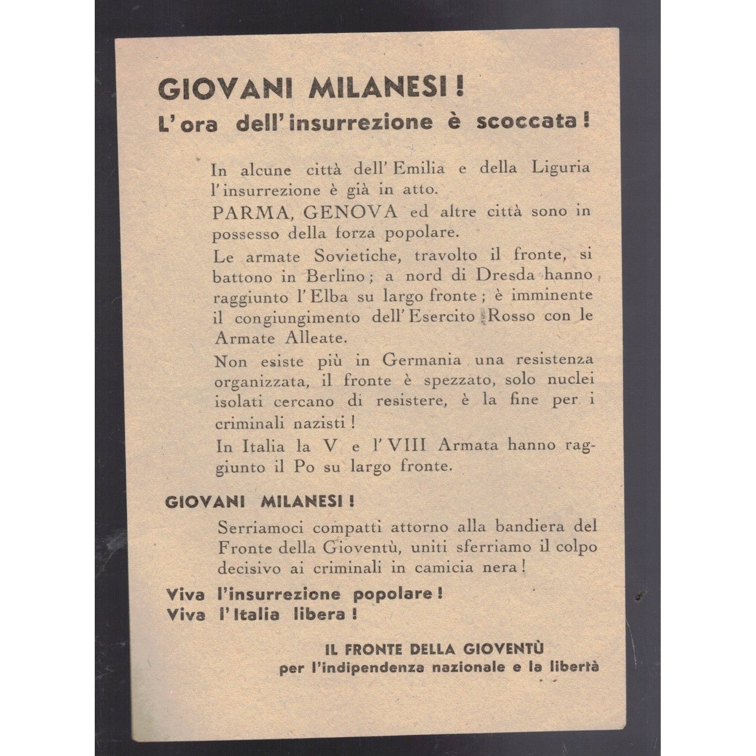 Partisanenflugblatt, Mailänder Aufstand 1945, selten.