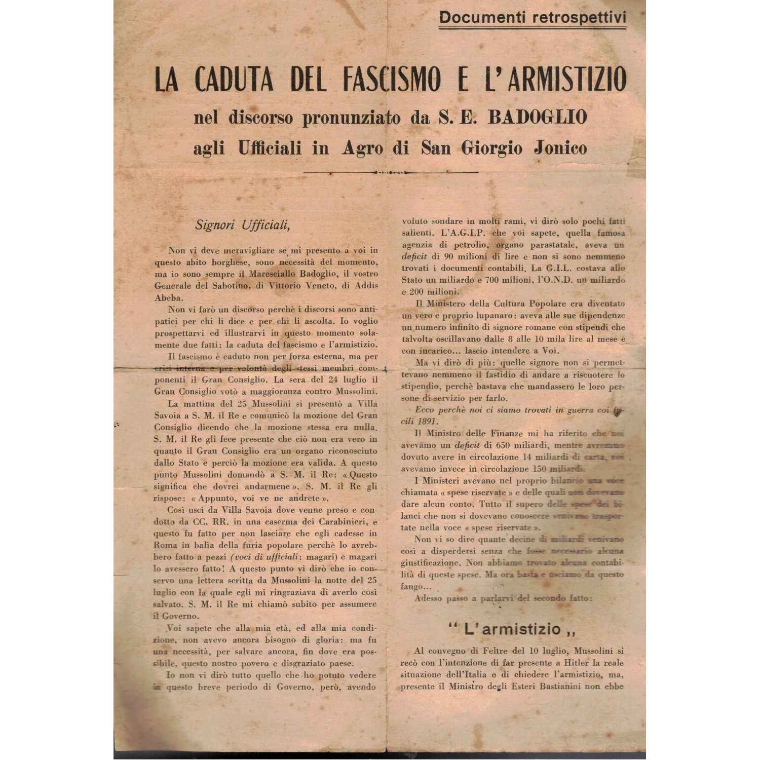 Antifaschistisches monarchistisches Propagandablatt aus der Zeit nach Juli 1943, das Blatt ist gefaltet und eingeschnitten.