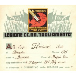 Attestato per la concessione del  distintivo da reduce della Legione CCNN Tagliamento  Campagna del  Fronte Russo