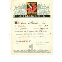 918
Urkunde für das Veteranenabzeichen der Tagliamento CCNN-Legion für die Teilnahme am Feldzug an der Ostfront.