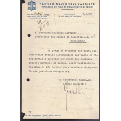 Schreiben des Turiner Bundessekretärs an den Sekretär der Faschistischen Partei von Trofarello
