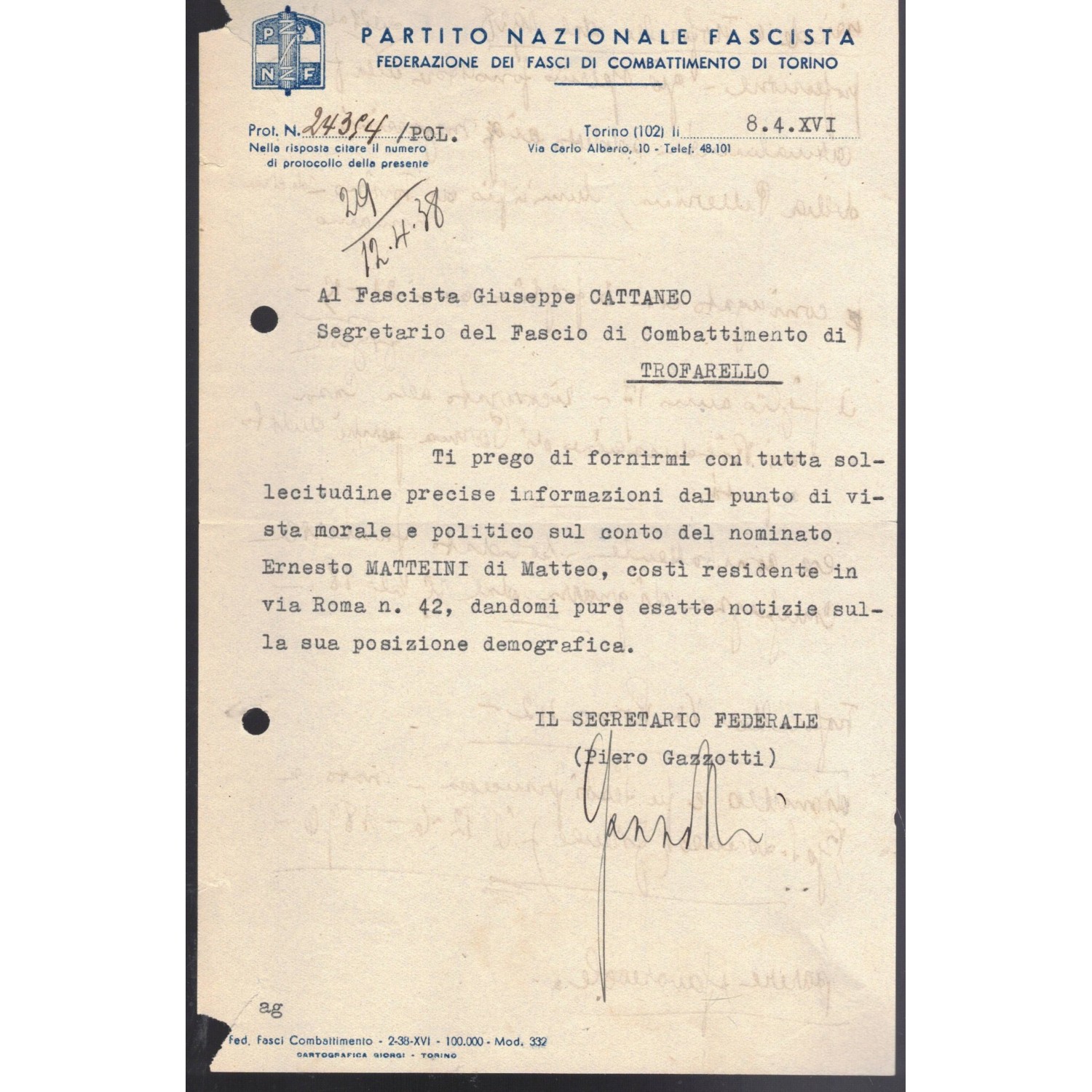 Document sent by the Turin Federal Secretary to the Secretary of the Fascist Party of Trofarello