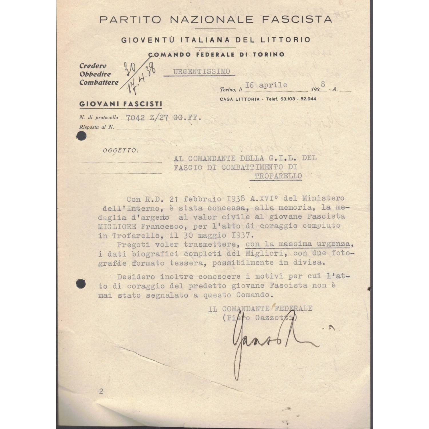 Documents awarding the Medal of Civil Valor to a Young Fascist.