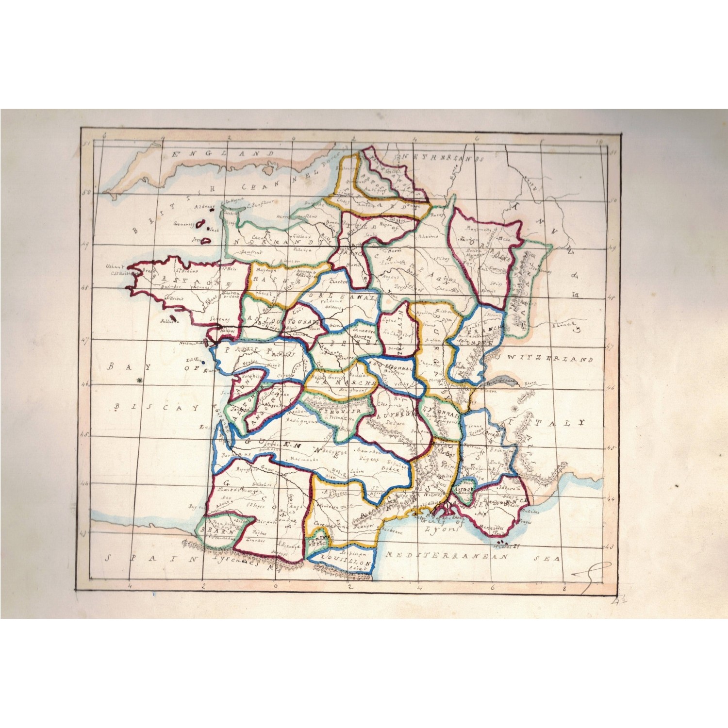 Cartina prima meta del 1800 disegnata a mano ed acquarellata a mano , autore sconosciuto , Francia