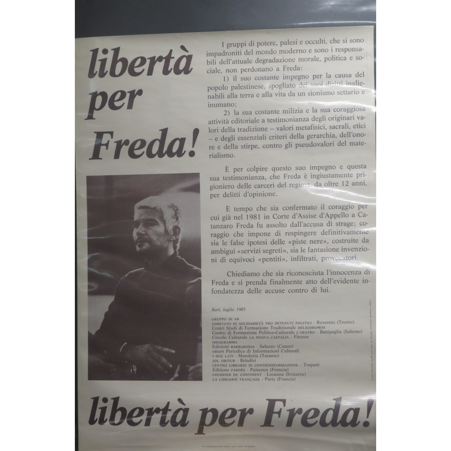 Manifesto murale di propaganda neo fascista anni 80 Franco Freda