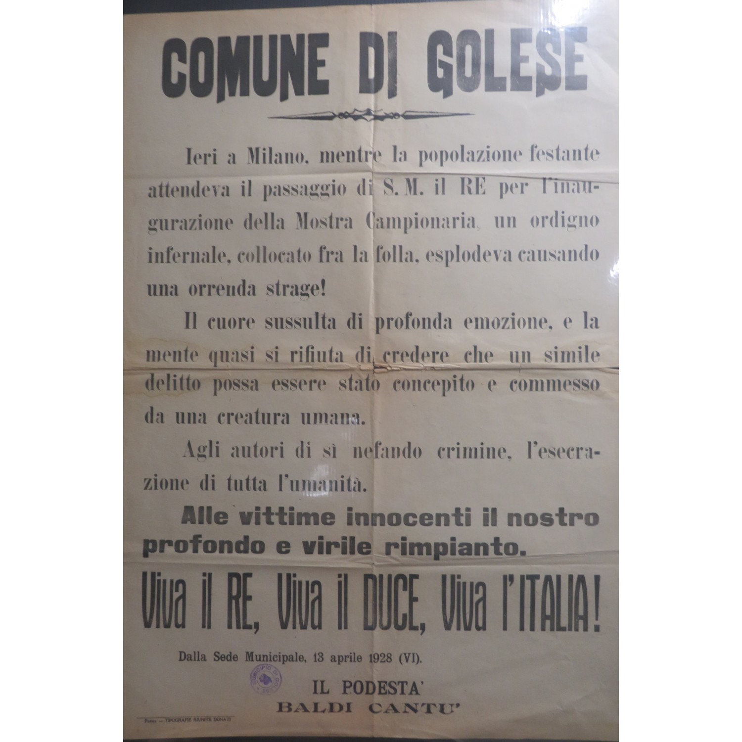 Manifesto murale Comune di Golese (Parma) Aprile 1928 Attentato al Re