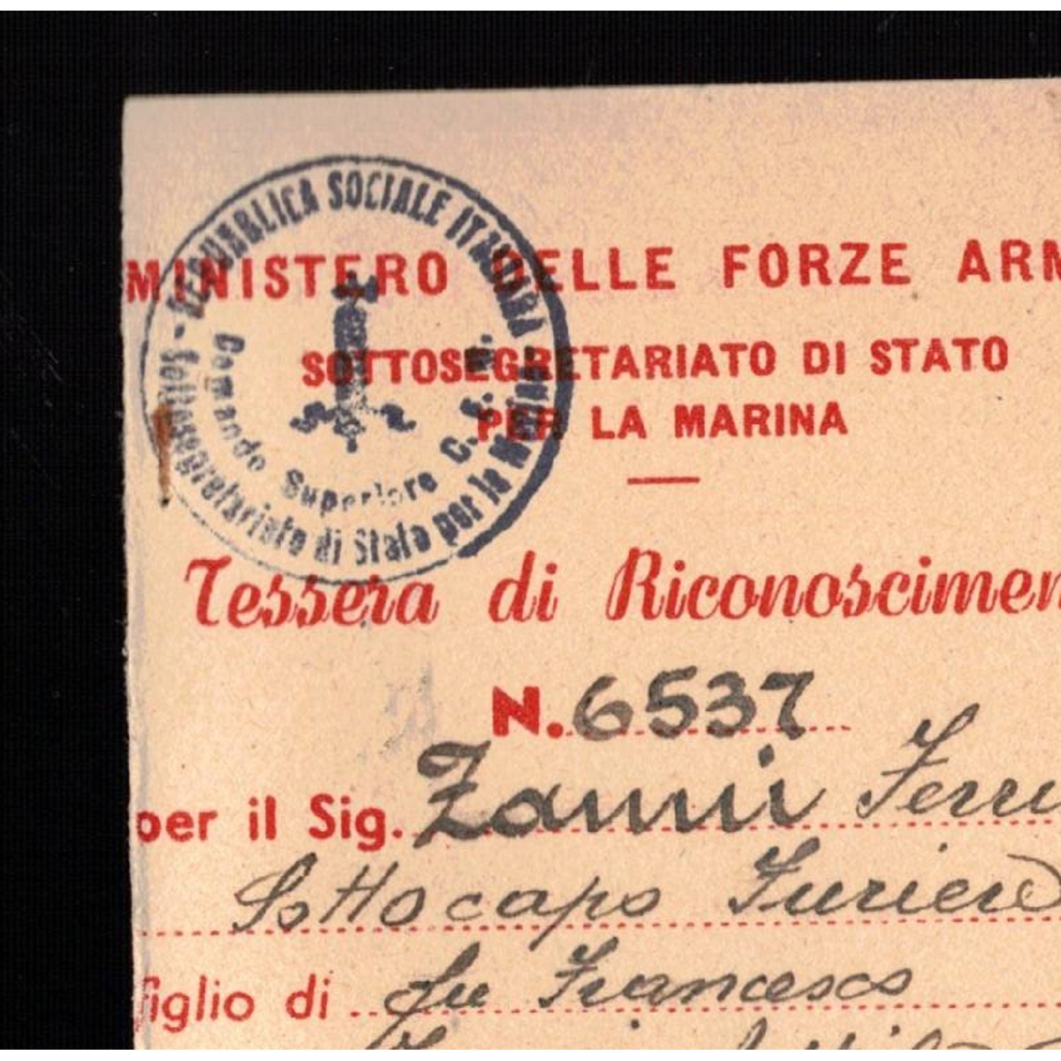 Tessera di riconoscimento Marina Repubblicana Repubblica Sociale Italiana 1944/45