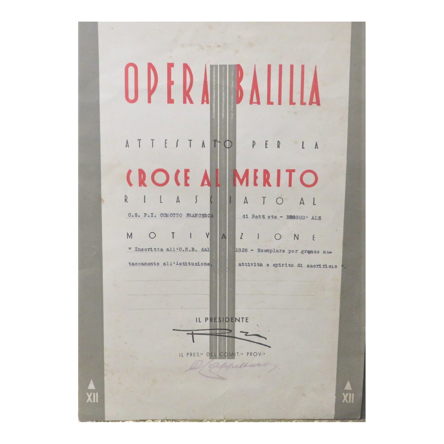 Attestato Croce al Merito  Opera Balilla ONB