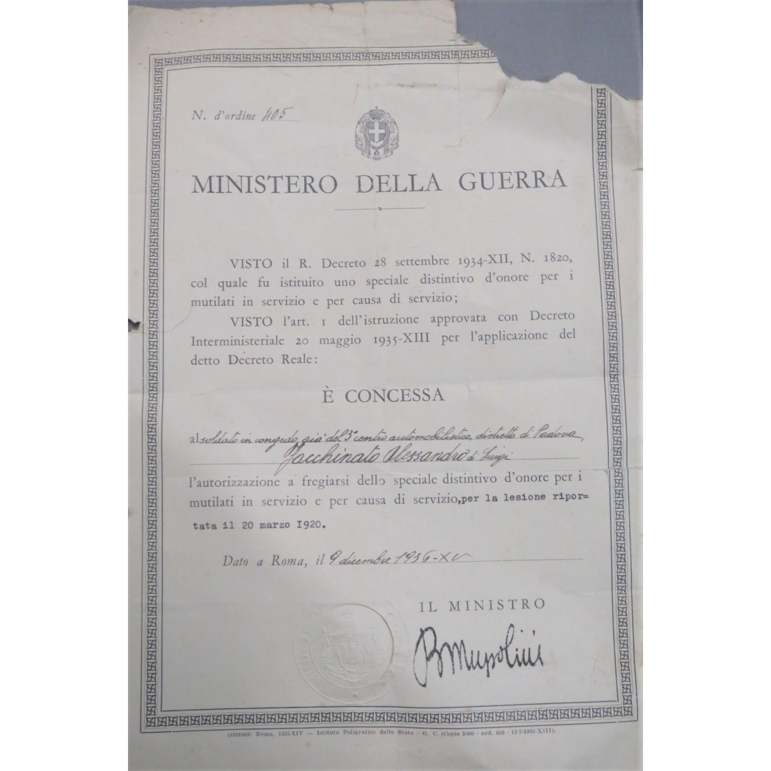 Interesting and rare certificate of Mutilated for Causes of Service for a Military