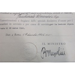 Interessante e raro attestato di Mutilato per Cause di Servizio per un Militare
