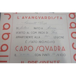 Attestato Opera Balilla promozione di un Avanguardista  a Capo Squadra