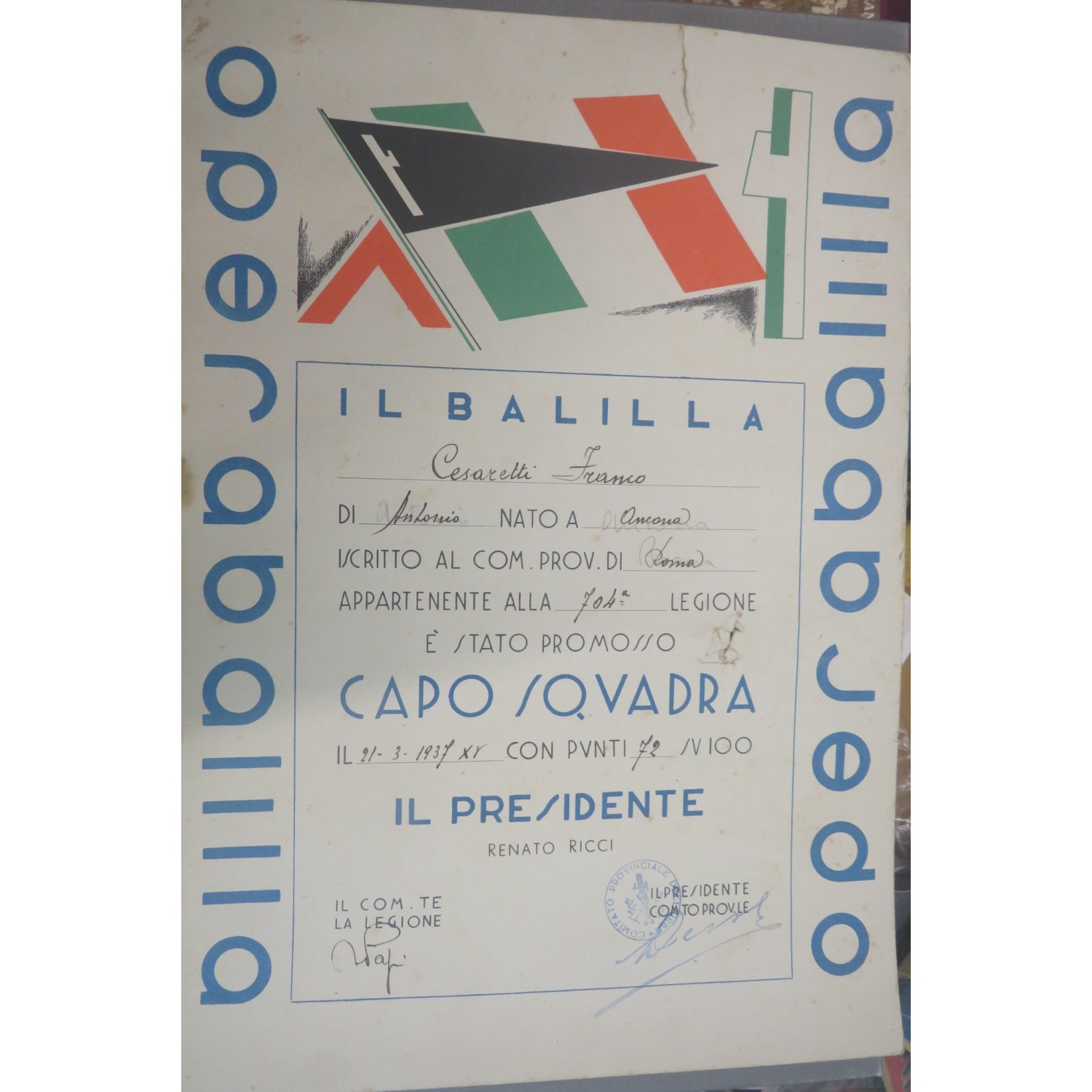 Attestato di promozione a CAPO SQUADRA Opera Balilla