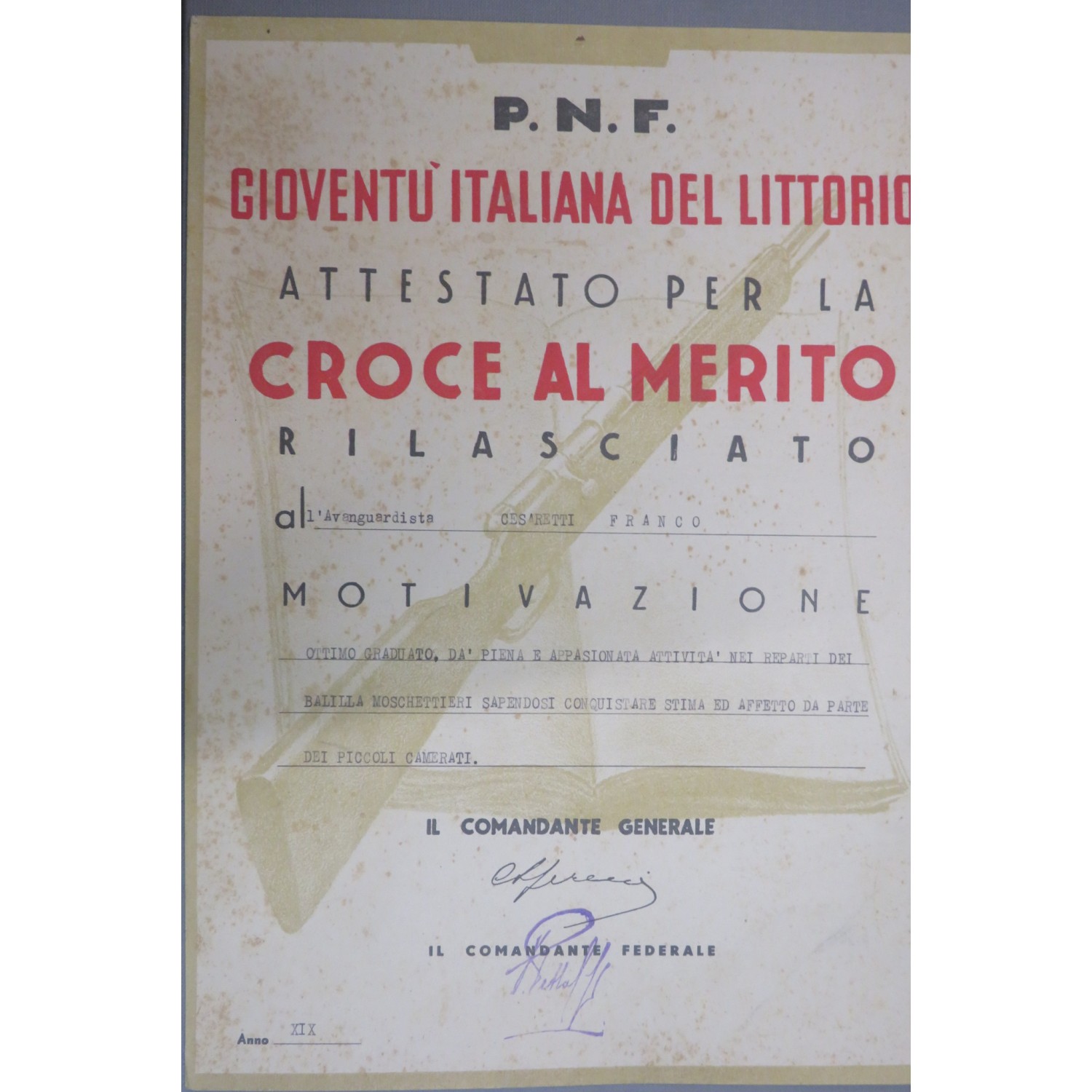 Attestato GIL Gioventu Italiana del Littorio Croce al Merito