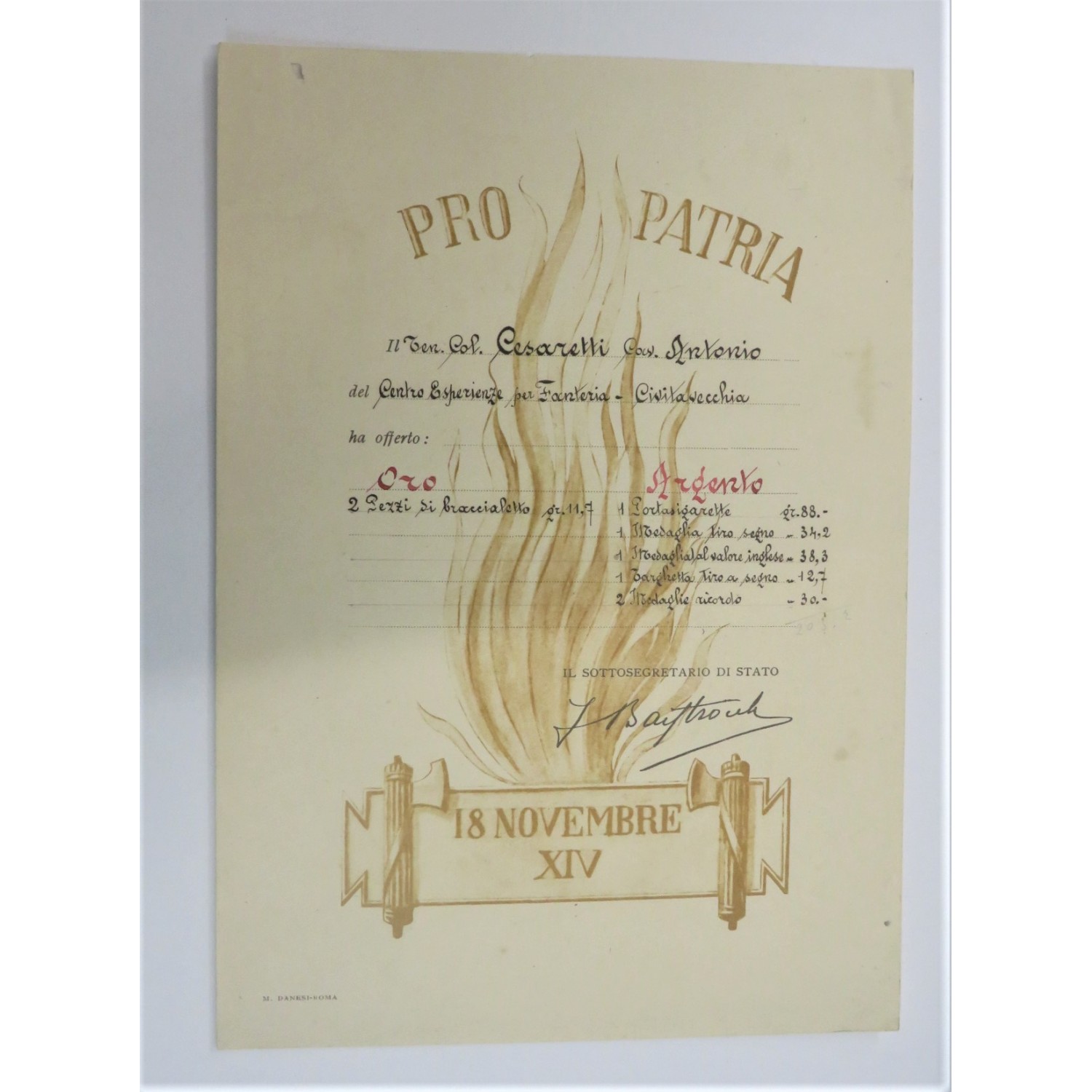 PRO PATRIA certificate I donated gold to the homeland 1936