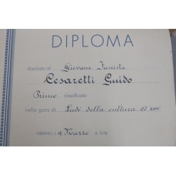 Attestato Diploma Primo Premio Ludi della Cultura 1940 Merano