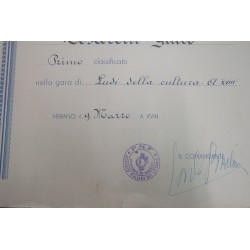Attestato Diploma Primo Premio Ludi della Cultura 1940 Merano