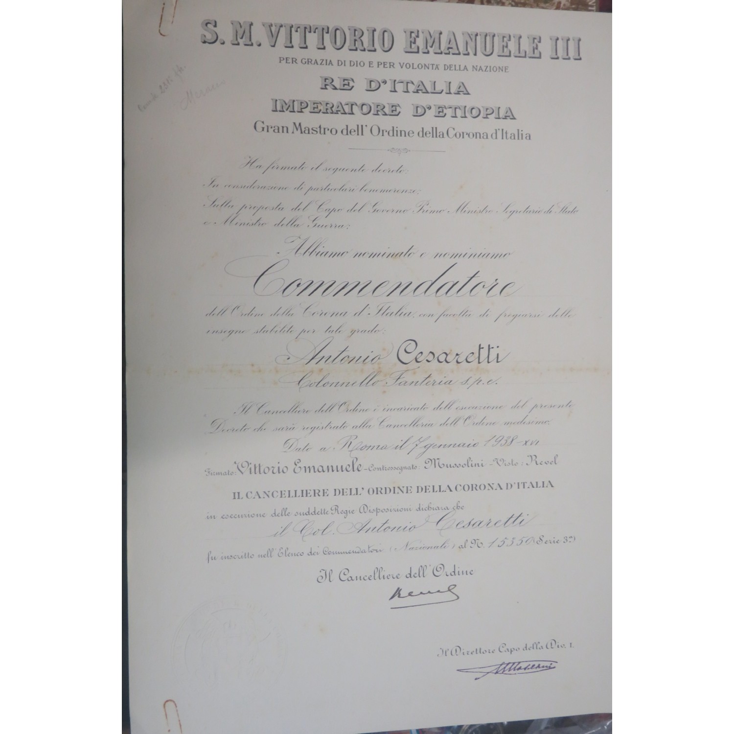 Attestato di concessione della Croce da Commendatore Ordine della  Corona d Italia 1938