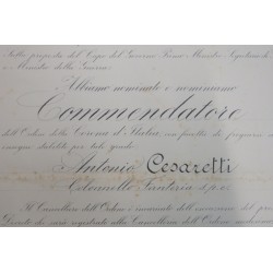 Attestato di concessione della Croce da Commendatore Ordine della  Corona d Italia 1938