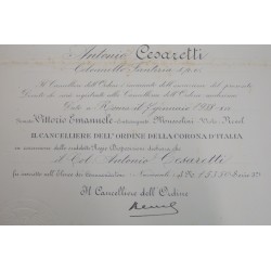 Attestato di concessione della Croce da Commendatore Ordine della  Corona d Italia 1938