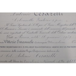 Attestato Diploma Croce da Cavaliere Ordine SS Maurizio e Lazzaro 1939