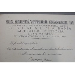 Attestato Diploma concessione della Croce da Cavaliere dell Ordine della Stella Coloniale d Italia