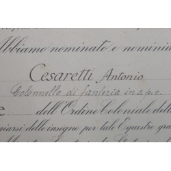 Attestato Diploma concessione della Croce da Cavaliere dell Ordine della Stella Coloniale d Italia