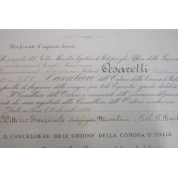 Certificate of granting the Knight's Cross of the Order of the Crown of Italy, Lieutenant Colonel Antonio Cesaretti