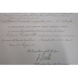 Certificate of granting the Knight's Cross of the Order of the Crown of Italy, Lieutenant Colonel Antonio Cesaretti