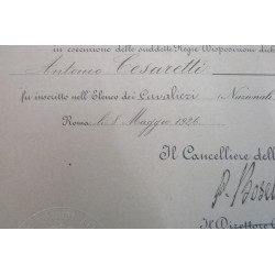 Certificate of granting the Knight's Cross of the Order of the Crown of Italy, Lieutenant Colonel Antonio Cesaretti