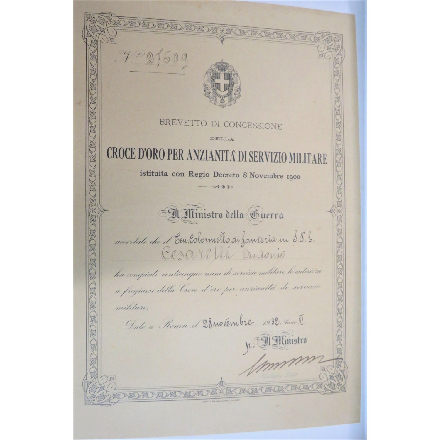 Certificate of concession of Golden Cross of Seniority of Service in the Royal Army to Lieutenant Colonel Antonio Cesaretti