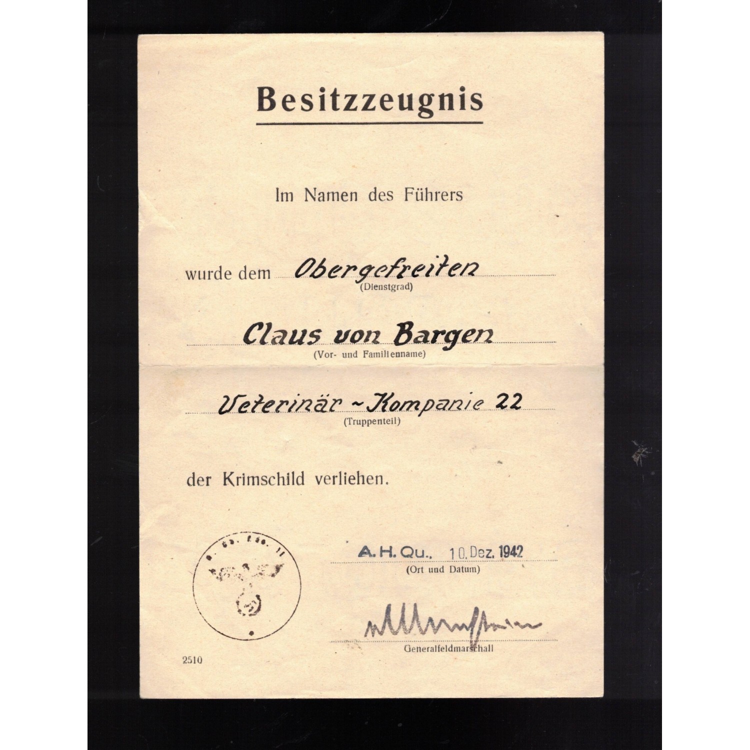 Important lot consisting of KRIM shield and certificate