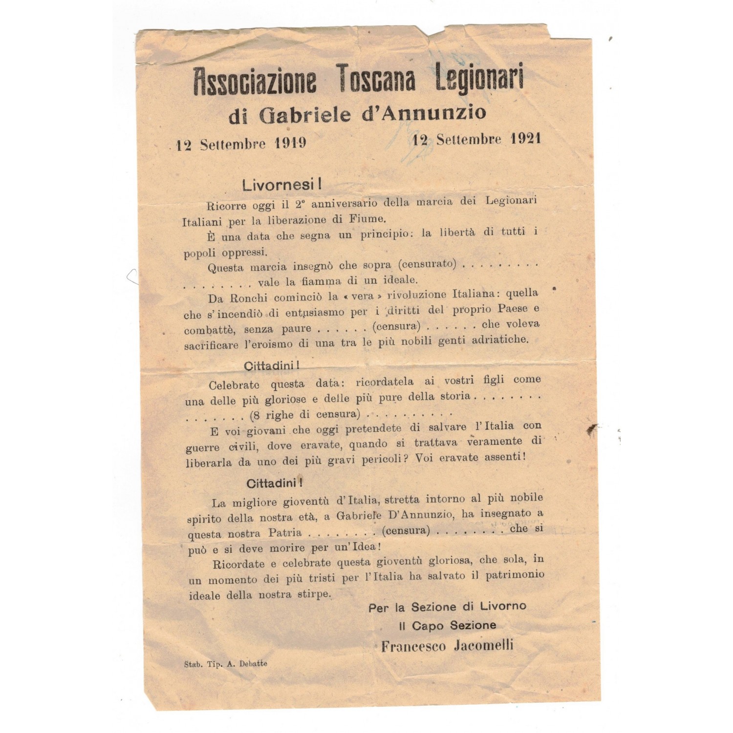 Volantino fiumano Associazione Toscana Legionari Di G. D Annunzio 1921