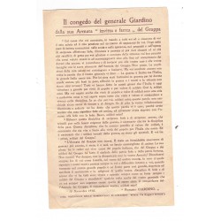 Volantino col testo del "congedo" del Generale Giardino 1918