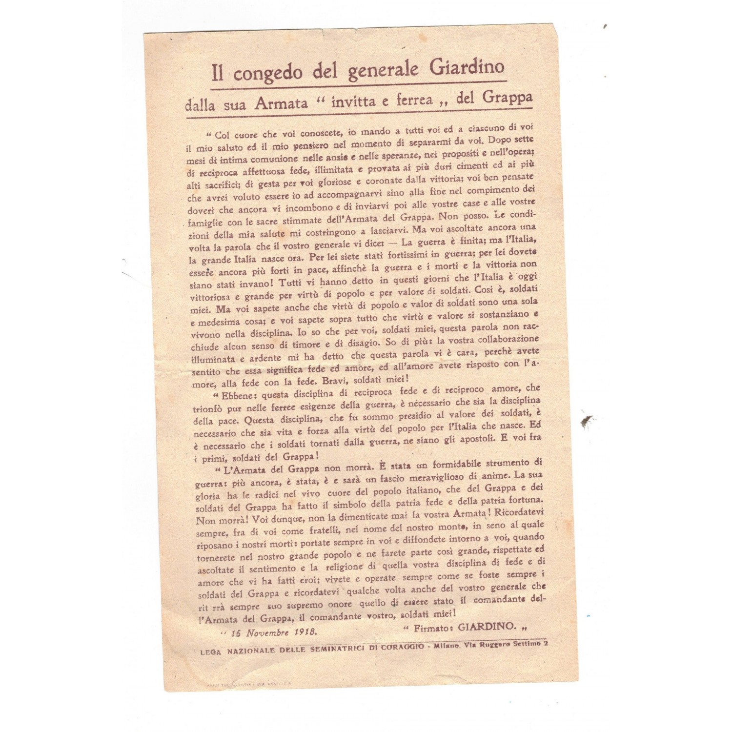 Volantino col testo del "congedo" del Generale Giardino 1918