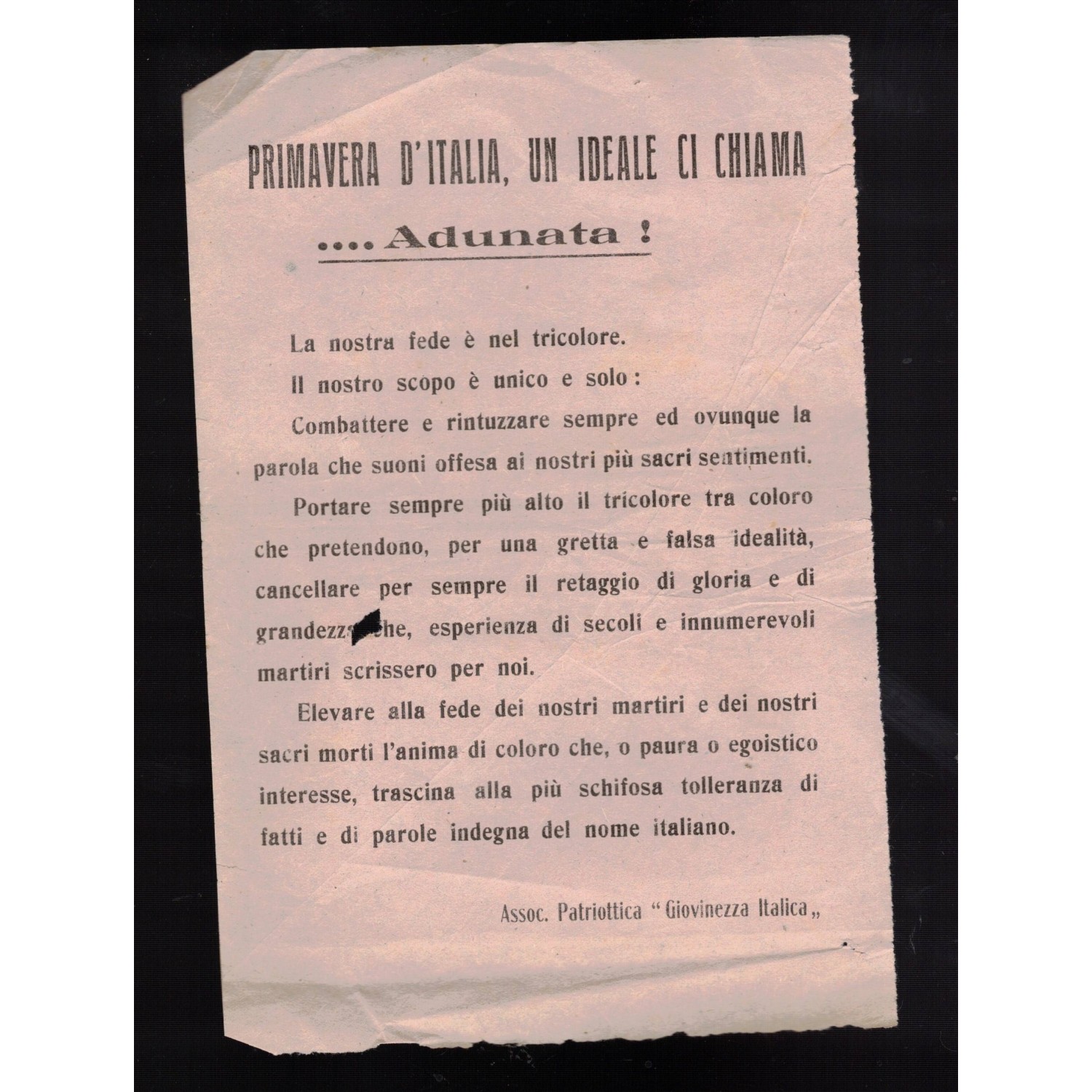 Volantino Assoc. Patriottica "Giovinezza Italica" organizzazione antisocialista