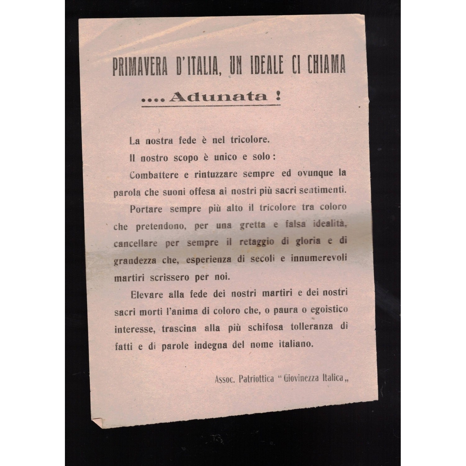 Volantino Assoc. Patriottica "Giovinezza Italica" organizzazione antisocialista